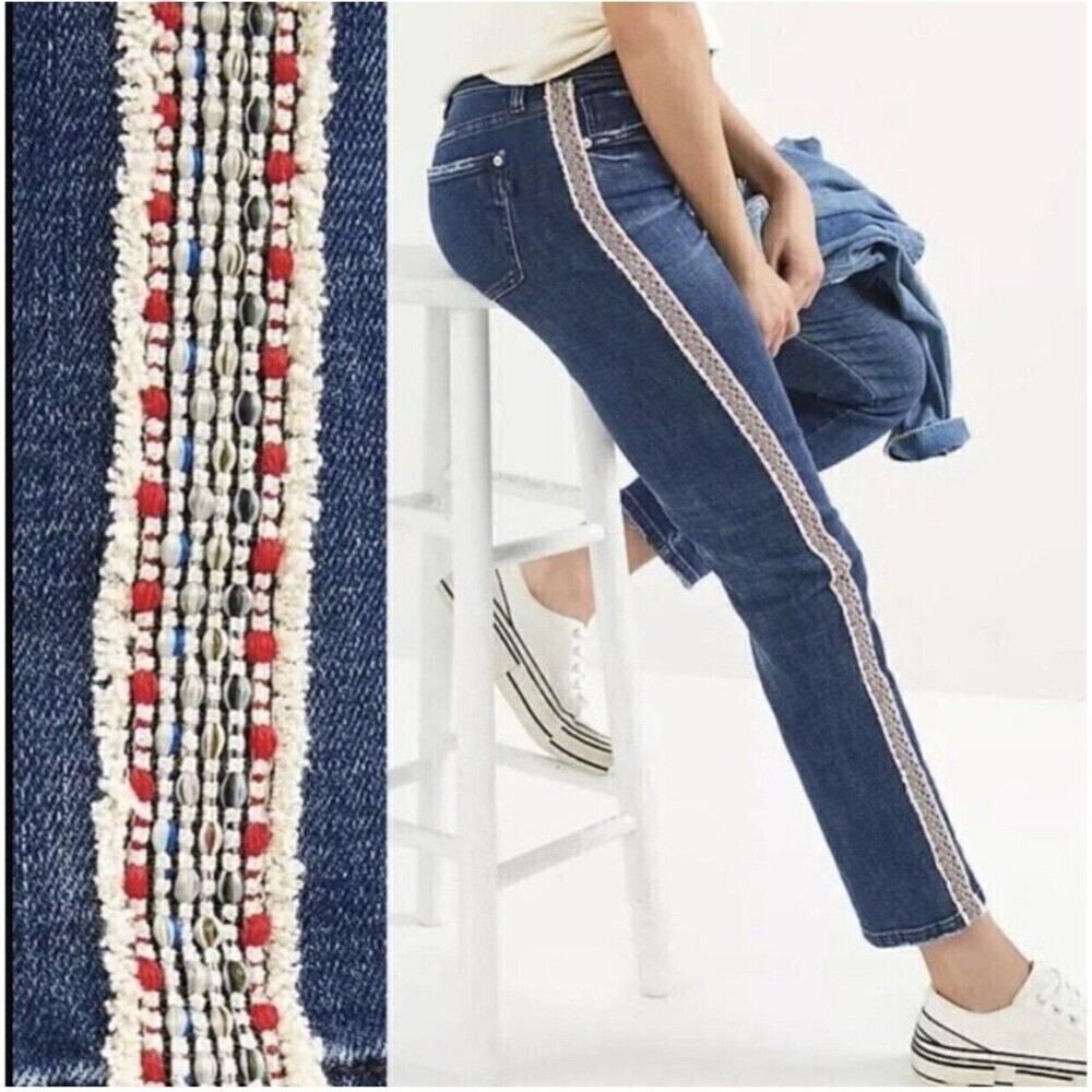 Anthropologie Blue Denim Boyfriend Jeans With Embroidered Ribbon Side Trim